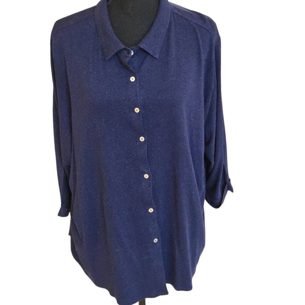 Tahari Womens Linen Blend Button Front 3/4 Sleeve Blouse Top Navy Blue Size 2X - Picture 1 of 11